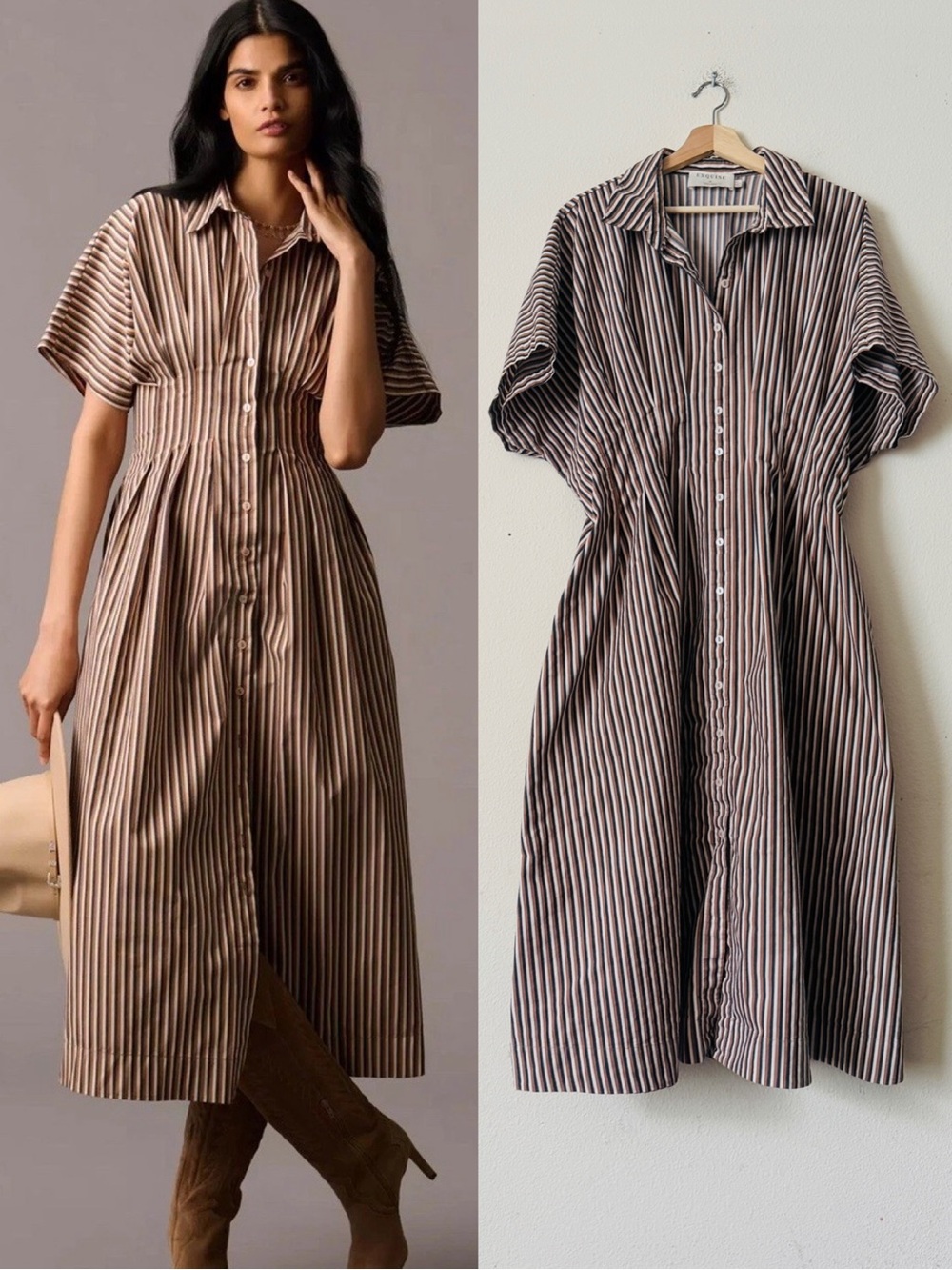 Exquise 2X Tobie pocketed short sleeve midi dress in Brown Motif Striped Combo